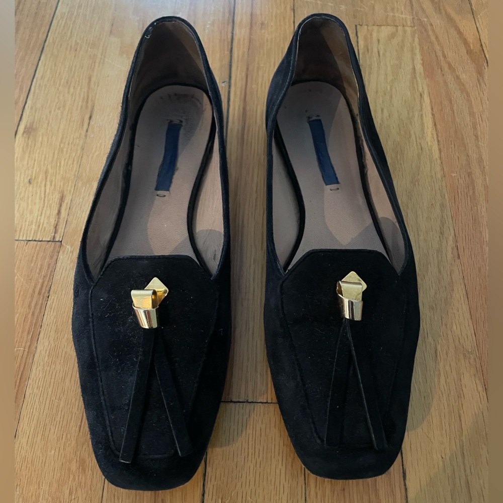 Stuart Weitzman black suede loafers with tassel